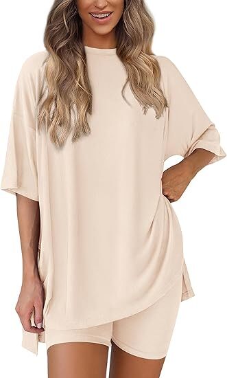 🔥Women's Two Piece Lounge Set Summer Casual Oversized Shirts Biker Shorts Matching Airport Travel Outfit