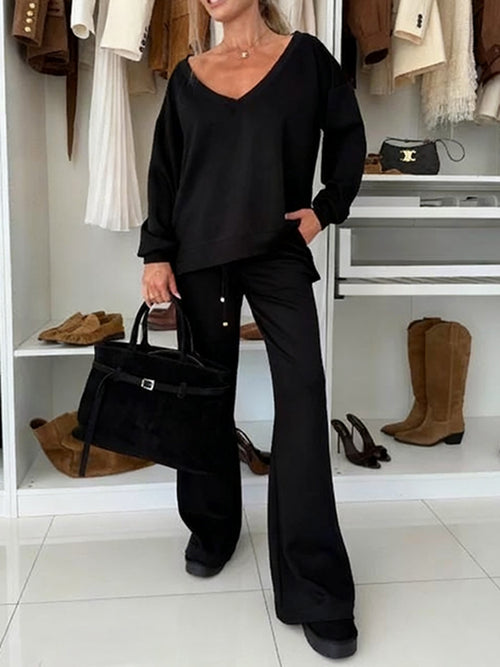 Autumn And Winter Solid Color Knitted V-Neck Top & Pants Set