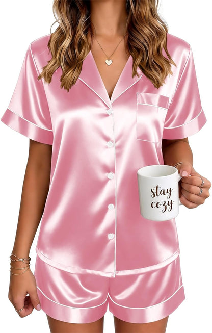 🔥Women's Silk Pajamas for Women Short Sleeve Button Down Sleepwear