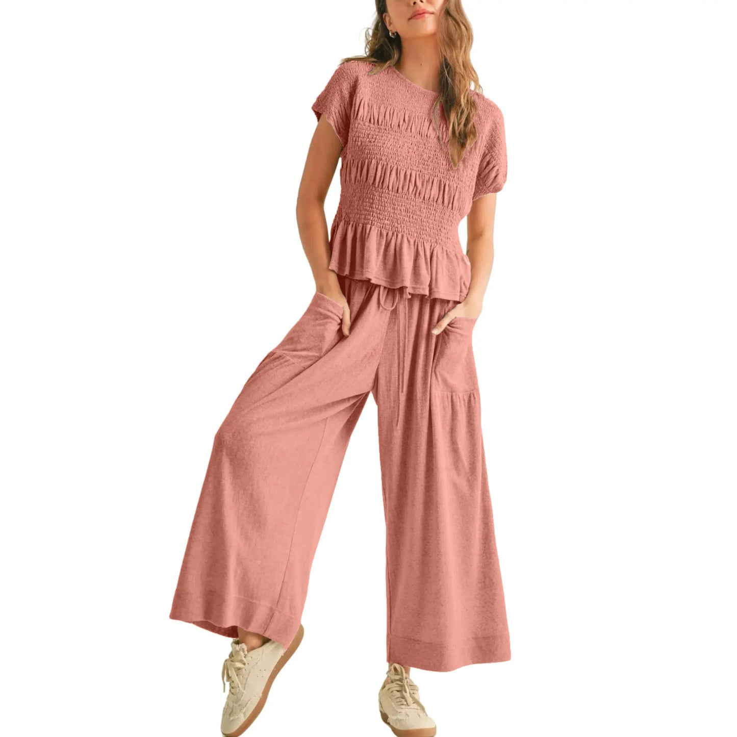 Women’s High-Waisted Lounge Outfit with Pockets Casual Boho Matching Set