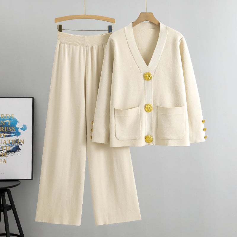 Imsgurus💓Fashion Metal Button Knit Wool Sweater Wide Leg Pants Set