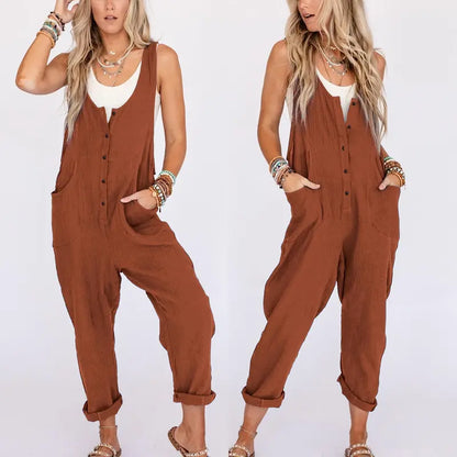 Womens Overalls Cotton Linen Loose Jumpsuits