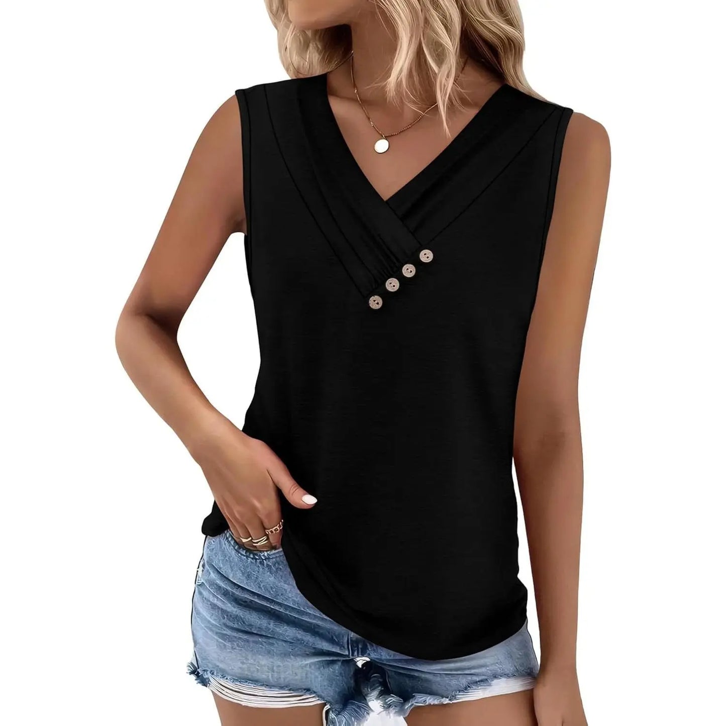 Last day discount🔥🔥Women Summer Button Down V Neck T Shirts Sleeveless Loose Fit Fashion Tops