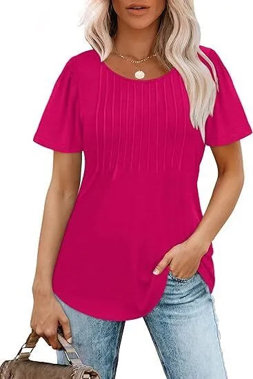 Women's T Shirts Short Sleeve Pleated Dressy Casual Scooped Neck Summer Tops Blouses