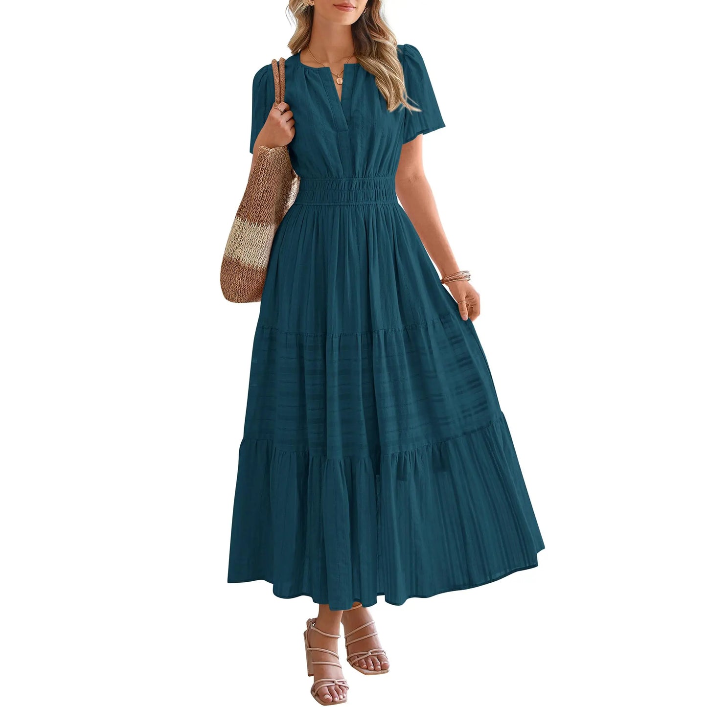 Women's Summer 2026 Casual Maxi Dress Lightweight Short Sleeve V Neck Boho Dress with Pockets