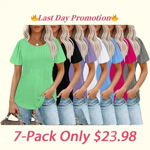 Women's T Shirts Short Sleeve Pleated Dressy Casual Scooped Neck Summer Tops Blouses