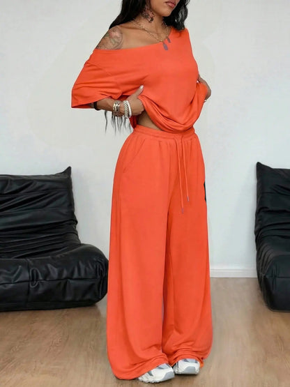 Loose Baggy Off Shoulder T-Shirt And Wide Leg Pants Two Pieces Outfits