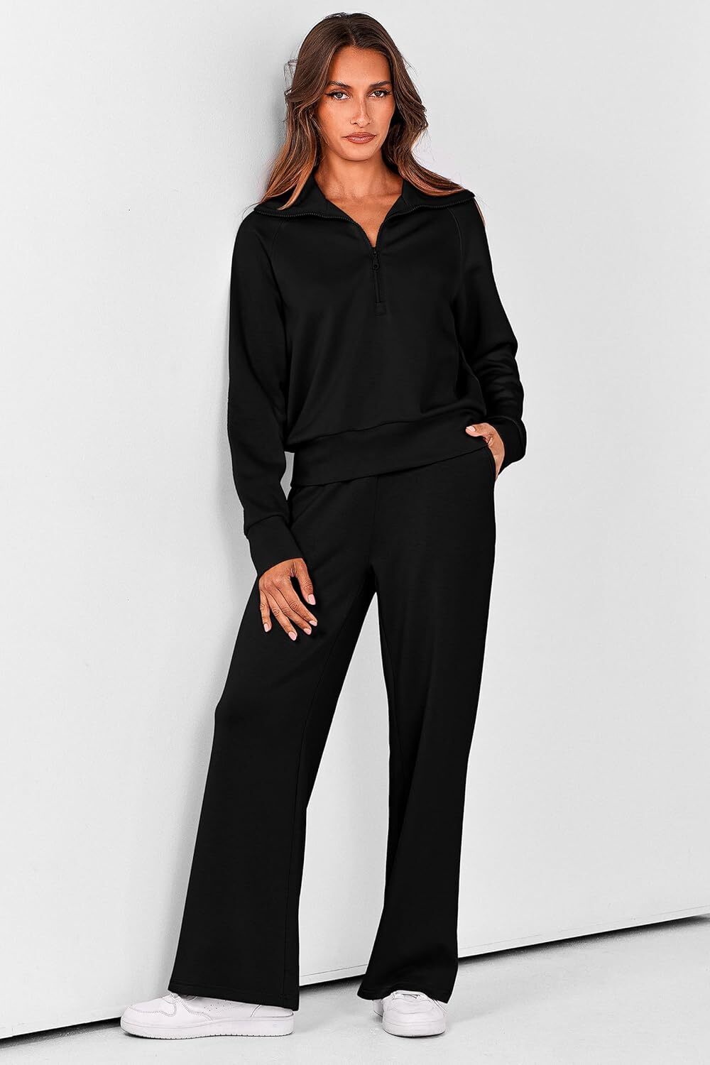 Women's Outfits Casual Lapel Half Zip Sweatshirts And Wide Leg Pants Tracksuit Sets