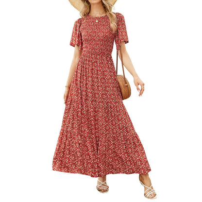 Floral Print Short Flutter Sleeve Crew Neck High Waist Flowy Maxi Dress