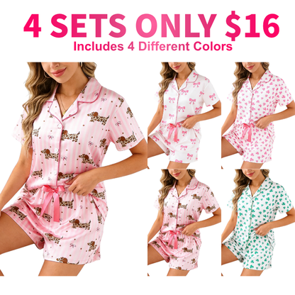 Women's Bow Full-Print Design Two-Piece Sleepwear Set