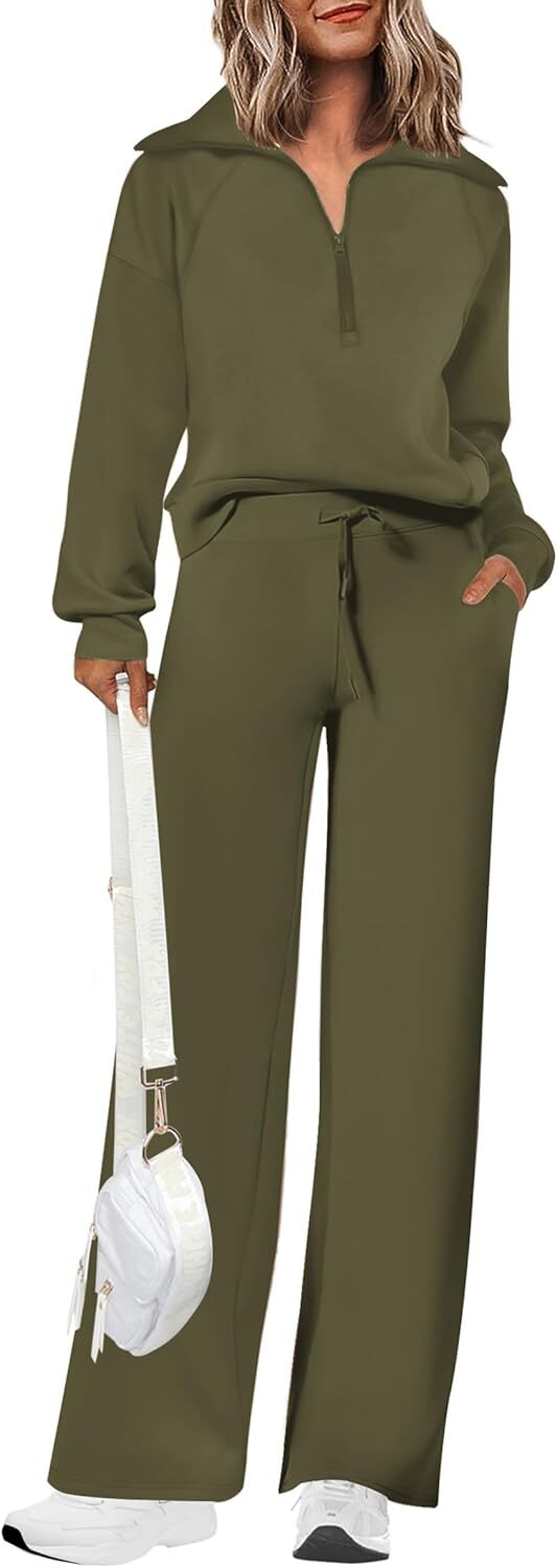 Women's Outfits Casual Lapel Half Zip Sweatshirts And Wide Leg Pants Tracksuit Sets