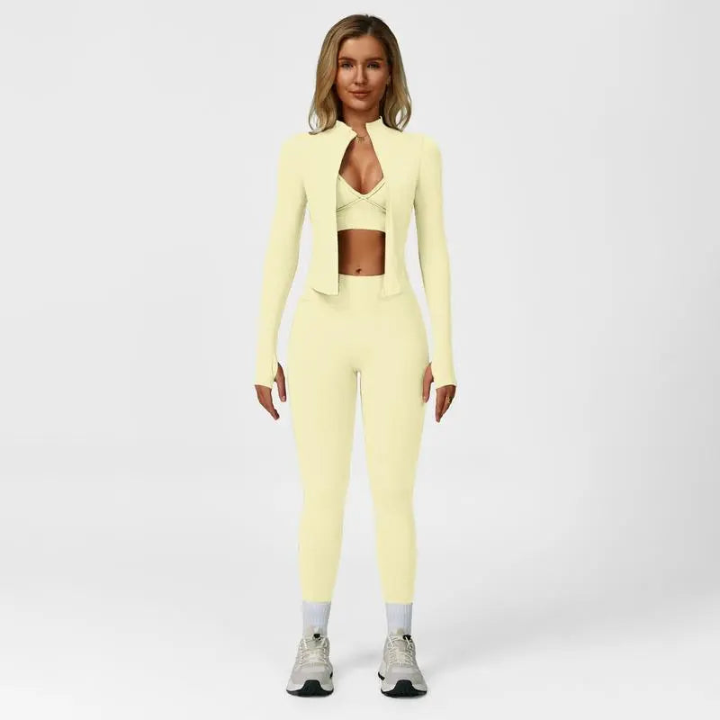 Women's Solid Criss Cross Crop Tank Top & High Waist Leggings & Zip Up Crop Jacket Tracksuit Set