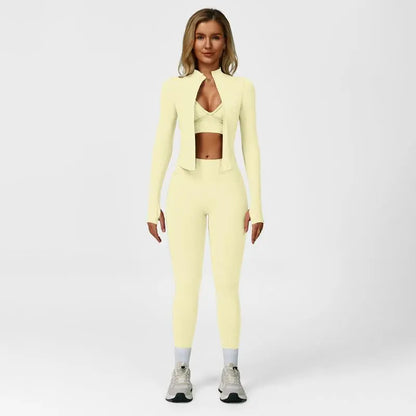 Women's Solid Criss Cross Crop Tank Top & High Waist Leggings & Zip Up Crop Jacket Tracksuit Set