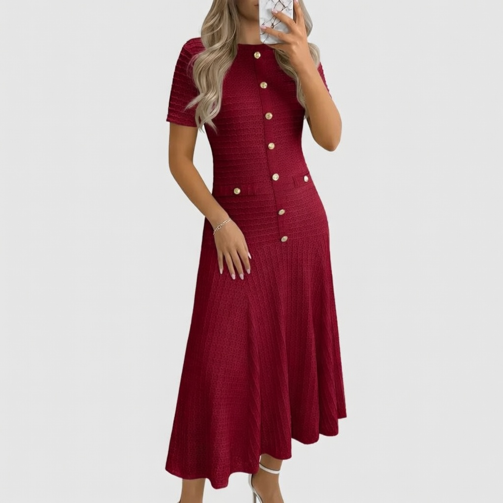 Womens Midi Dress Summer Casual Short Sleeve Crewneck Button Decor
