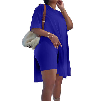 Plus Size Summer Outfit Side Slit Tunic Top & Biker Shorts Set