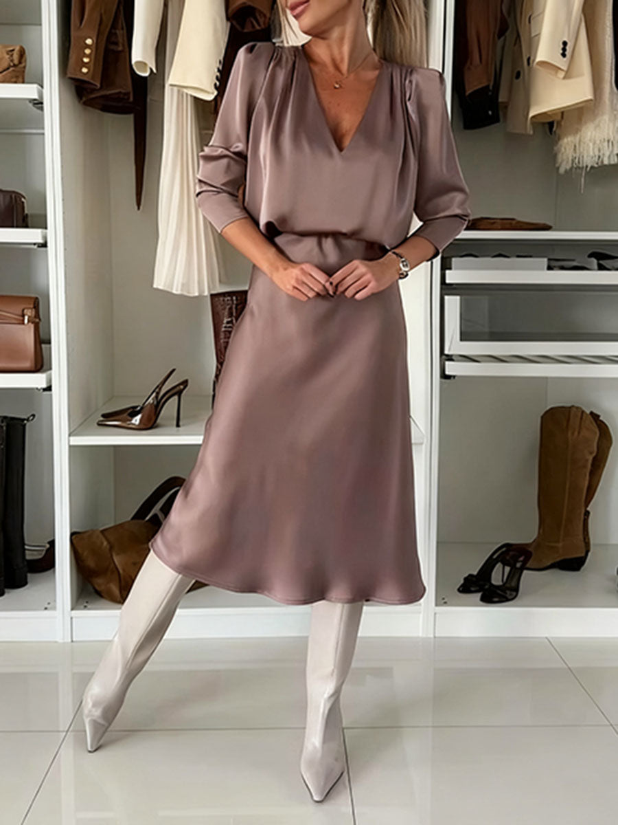 Silky Satin Long-Sleeved V-Neck And Skirt Suit