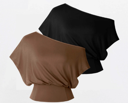 Women's One-Shoulder Batwing Sleeve Top – Flowy Waist Cinch Blouse