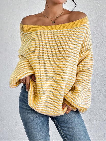 Women's Striped Drop Shoulder Sweater, Casual Bishop Sleeve Boat Neck Jumper for Daily Outdoor Wear, Ladies Knitwear for All Seasons, Womenswear, Tops
