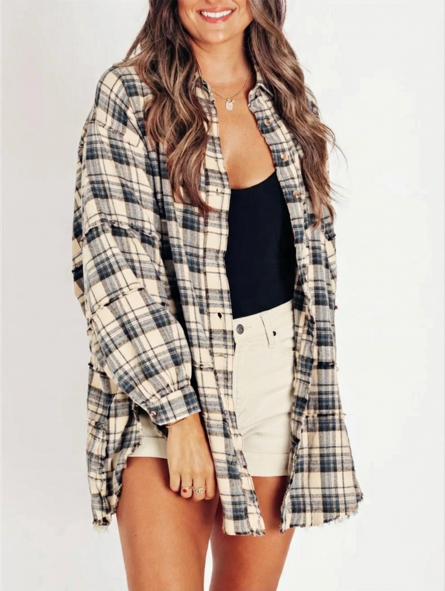 ⏰Hot Sale-Women's Seams Raw Edge Washed Oversized Shirt Jacket with Pockets 🔥New arrivals at special price🔥