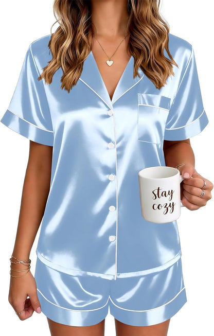 🔥Women's Silk Pajamas for Women Short Sleeve Button Down Sleepwear