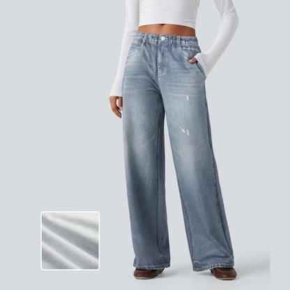 Mid Rise Denim Print French Terry Casual Sweatpants Jeans with Pockets