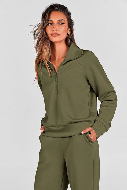 Women's 2 Piece Outfits Casual Lapel Half Zip Sweatshirts And Wide Leg Pants Tracksuit Sets