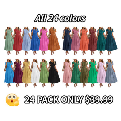 Women's Summer 2026 Casual Maxi Dress Lightweight Short Sleeve V Neck Boho Dress with Pockets