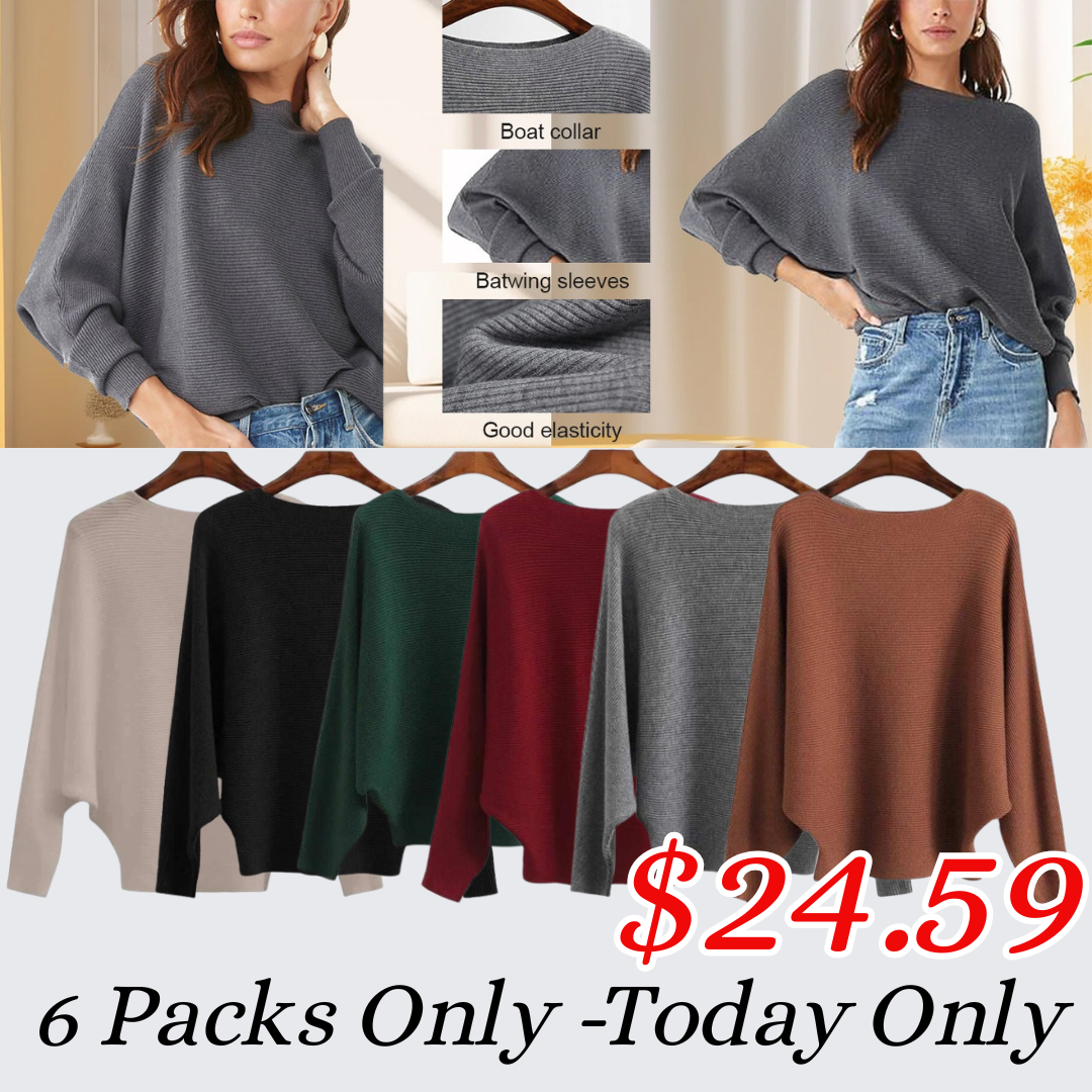 🔥New Years Sale✨️Women's Boat Neck Bat Sleeve Knitted Sweater