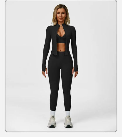 Women's Solid Criss Cross Crop Tank Top & High Waist Leggings & Zip Up Crop Jacket Tracksuit Set