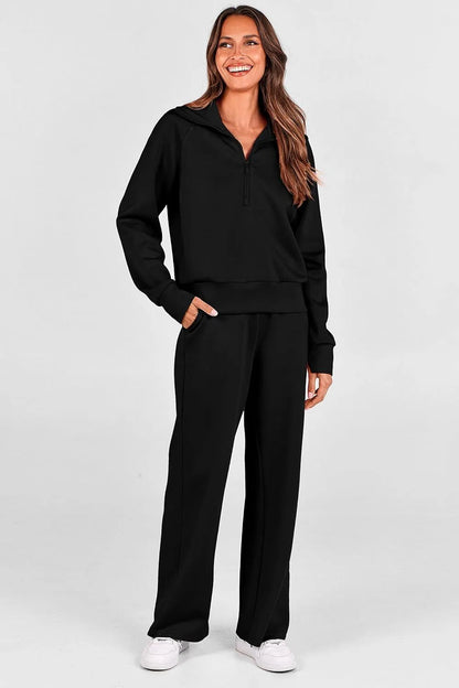Women's 2 Piece Outfits Casual Lapel Half Zip Sweatshirts And Wide Leg Pants Tracksuit Sets